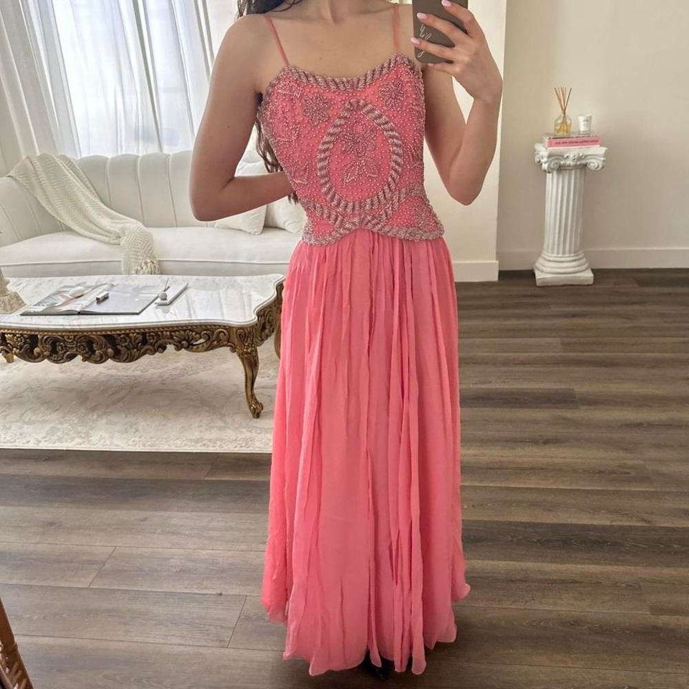 VINTAGE Zimble S Hot Pink Beaded Corset Bustier 100% Silk Gown